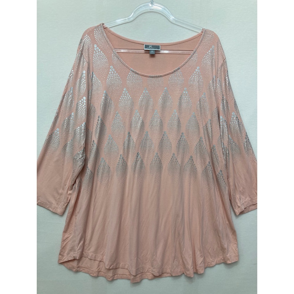 JM Collection Top XXL Peach Metallic Abstract Stretch 3/4 Sleeve Scoop Neck